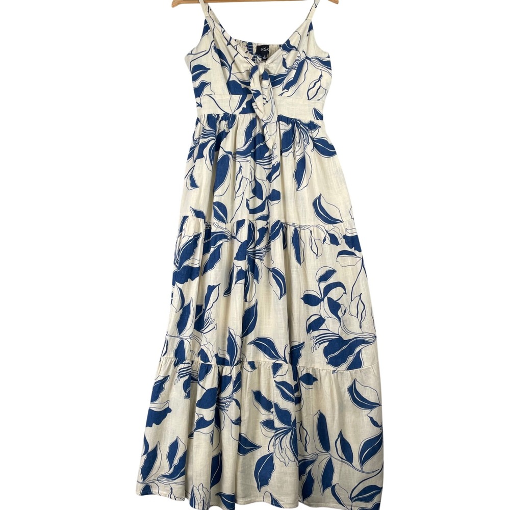 MSK Blue Tropical Leaf Print Tiered Maxi Dress Linen Blend Tie Front Pockets M - Picture 2 of 9